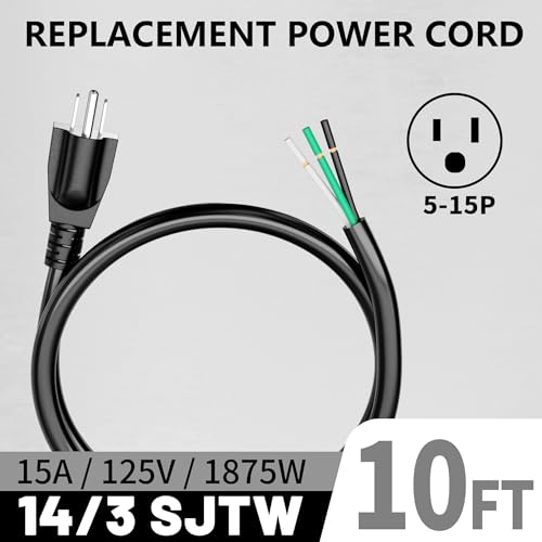 Image of Vockjour 10 ft 14 /3 Appliance and Power Tool Cord, 14 AWG 3 Prong Black Heavy Duty Replacement Power Cord with Open End, NEMA 5-15P, 125V AC Pigtail, 15A 1875W, ETL Listed