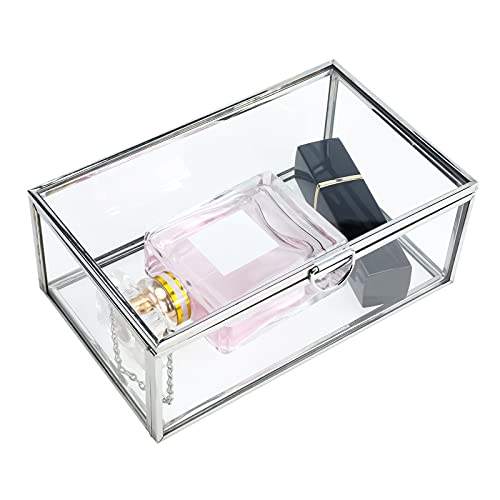 Highfree Silver Vintage Glass Lidded Box, Decorative Jewelry Keepsake Display Organizer, Clear Rectangle Box, Rings Bracelet Golden Organizer For Wedding Birthday Party (Small-Silver) #TOP2