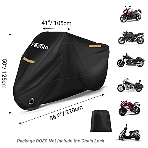 Image of Favoto Motorcycle Cover 210T Protective Polyester with Reflective Band Sunproof Water Rain Dust Wind Snow Bird Droppings Outdoor XL 220cm Black