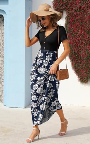 Image of GRECERELLE Womens Summer Long Maxi Dresses 2026 Short Sleeve V Neck Casual Button Dress with Pockets