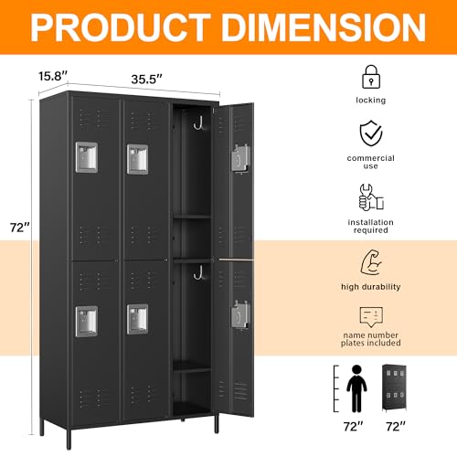 Image of Metal Locker with 6 Doors, 72 inch Storage Lockers for Employees - Employees Locker for School, Gym, Home, Office, Garage Black