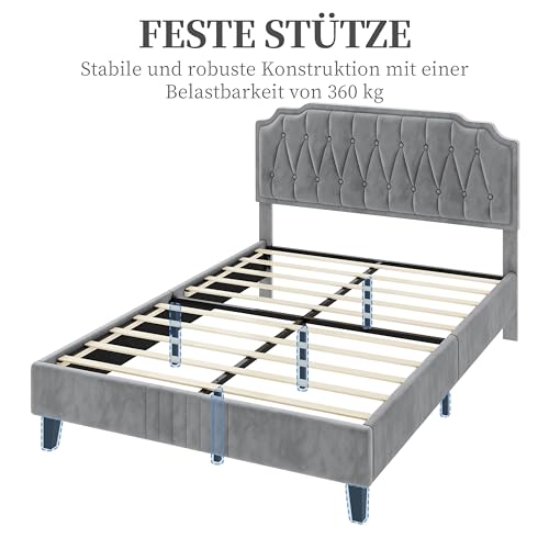 Yaheetech Polsterbett Doppelbett 140 × 200 cm Stoffbett Bettgestell Gepolstertes Bett mit höhenverstellbarem Kopfteil Bettrahmen mit Lattenrost, Hellgrau