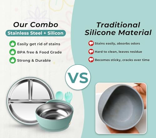 Image of NYALA Stainless Steel Toddler Plates Silicone Suction, Non-Slip Baby Plates BPA Free,Unbreakable Dishwasher Safe (Pista Green, Plate + Bowl)