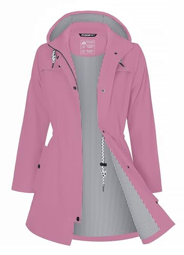 ATLASLAVA Regenjacke Damen Lang Wasserdicht Kapuze Regenmantel übergangsjacke Trenchcoat Outdoor Mantel Trockene Rose M