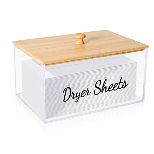 JYPS Clear Acrylic Dryer Sheet Holder with Bamboo Lid & Labels, Fabric Softener Dispenser for Laundry Room Organization Decor, Bathroom Storage Container Box, for Scent Booster,Powder,Pods