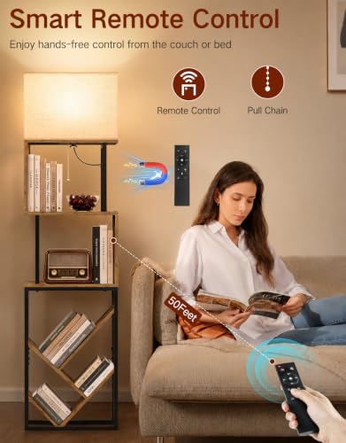 Image of 5-Tier Floor Lamp with Shelves & Remote, Dimmable S-Shaped Tree Bookshelf with 3 Color Temperatures, 1-Hour Timer, Tall Corner Standing Lamp for Living Room, Bedroom, Office(Rustic Brown)