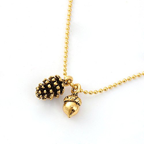 Golden Mini Pine Cone and Acorn Pendants on Ball Chain Necklace