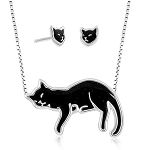 925 Sterling Silver Cat Necklace and Kitten Stud Earrings Handcrafted Black Tabby Polymer Clay Pet Lover Jewelry Set for Women, 16.5″ Chain