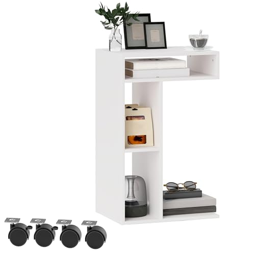 HOMCOM Table d'appoint en Forme de C avec roulettes, Table de Chevet avec 3 Compartiments et 1 étagère Ouverte, Bout de canapé pour Salon, Chambre, Bureau,...