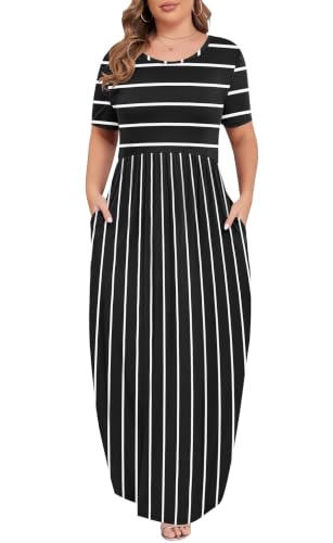 Image of KARALIN Women Plus Size Maxi Dress Short Sleeve Round Neck Loose Fit A-Line | Plus Size Long Dress,Summer Casual Maxi Dresses,Short Sleeve,Side Pockets,Round Neck,Elastic Waist,14 Plus - 26 Plus