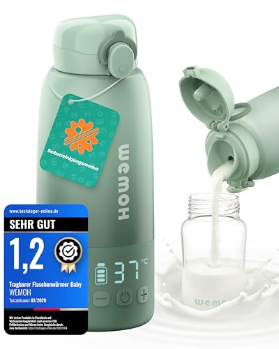Wemoh Tragbarer Flaschenwärmer Baby für unterwegs mit Selbstreinigungsfunktion, Präzise Temperaturkontrolle & 450ml Große Kapazität, 100W Schnellaufwärmung für Muttermilch & Wasser Milchwärmer to go