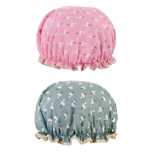 Lot de 2 bonnets de douche imperméables avec bande élastique double couche avec volants, bonnets de douche réutilisables, unisexe, convient pour salle de bain, spa (rose, bleu)