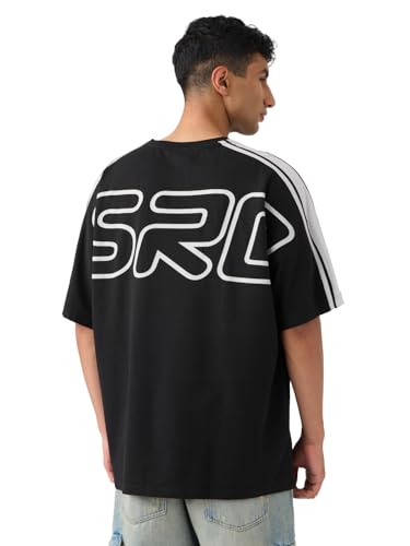 Image of The Souled Store ISRO: to The Moon Men and Boys Short Sleeves Round Neck Black Graphic Printed Cotton Oversized T-Shirts