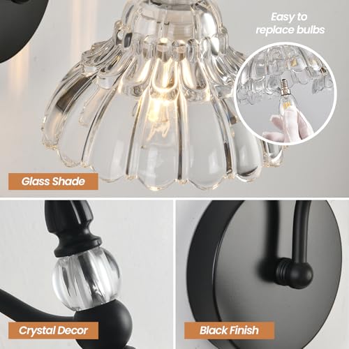 Image of Vintage Wall Sconces, Black Bathroom Sconces Set of 2, Indoor Hardwired Wall Lighting Modern Crystal Bedside Wall Lamp with Floral Glass Shade for Mirror Living Room Hallway