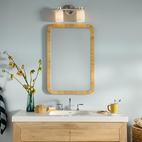 Image of Kichler Shae 2-Light Bathroom Vanity Light, Brushed Nickel | White opal glass vanity light for modern bathroom mirrors (15 inch x 9 inch), 55201NI