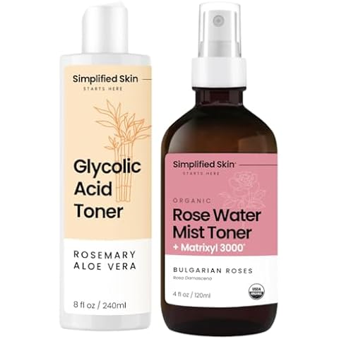 Facial Care Duo: Glycolic Acid Toner & Rose Water with Matrixyl 3000 Spray - Hydrating, Exfoliating, Anti-Aging Solution with AHA, Aloe Vera & Hyaluronic Acid - for Women & Men - 8 & 4 fl oz Cover