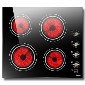 4 Burner Electric Cooktop – 24 Inch Drop-in Glass Ceramic Stove Top 6000W, 220V Radiant Electric Stove, 9 Power Level, Pause Key, Child Lock, Timer, Knob Control, 240V Hard Wired (No Plug)