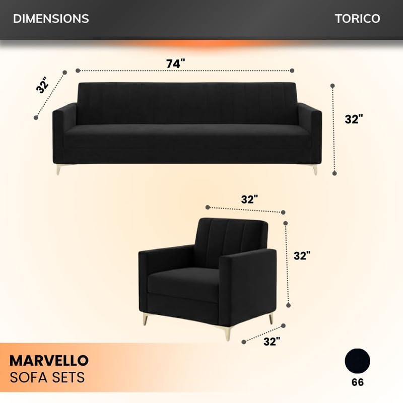 Image of Marvello 3+1+1 Fabric Sofa Set for Living Room | Soft Velvet Upholstery, Sturdy Wooden Frame | Stylish Sofa for Hall & Office Spaces (Black)