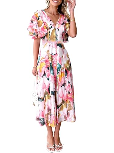 Image of Flessibili Womens V Neck Flutter Sleeve Boho Midi Dress Summer Wedding Guest Beach Party Long Dresses Multi Pink Print Small