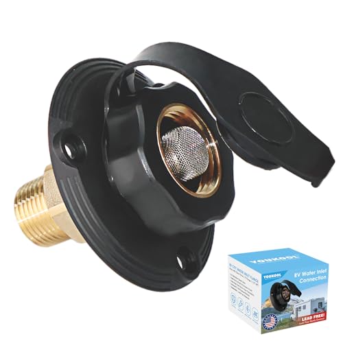 Image of Lead-Free Brass RV Water Inlet Connection, 1 /2 inch NPT Male City Water Fill Flange with Check Valve, Leak-Free City Water Hookup for Camper, Trailer(Black)