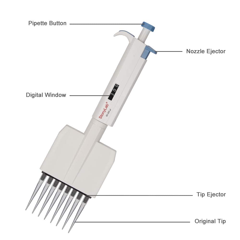 stonylab Controlador de Pipeta de 8 Canales, Pipeta Multicanal de Volumen Variable Ajustable con Cono de Punta Autoclavable, Multichannel Pipette para Investigación de Laboratorio, 50-300µL