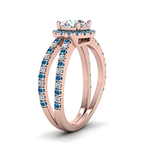 Image of 55Carat Choose Your Gemstone Reverse Split Shank Halo Diamond CZ Ring Rose Gold Plated Round Shape Halo Engagement Rings Matching Jewelry Wedding Jewelry Easy to Wear Gifts US Size 4 to 12