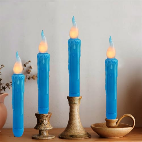 Image of Magical Candlesticks Flameless Taper Candle, 4pcs Real Wax LED Tapered Candles Remote Dipped Candle 6inch Battery Chandelier for Enchanting Weddings and Harry Potter Inspired Vigils(Blue)