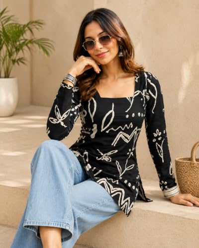 Image of Women's Cotton Floral Printed V-Neck A-Line Kurta /Regular Fit Kurti-3 /4 Sleeve