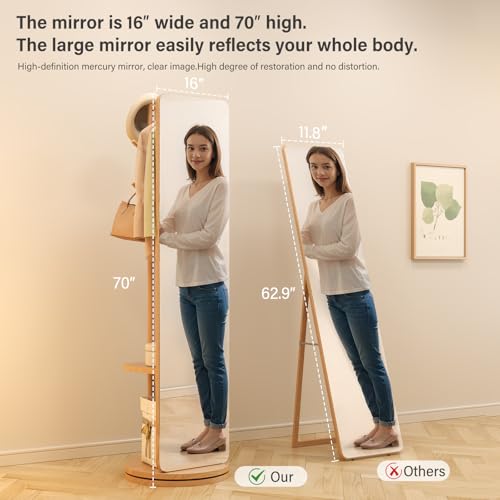 Image of AnywaysWood 70 inchx19 inchFull Length Mirror with Stand,Coat Rack with Mirror,Solid Wood Floor Mirror,Swivel Mirrorfor Bedroom, Living Room, Cloakroom