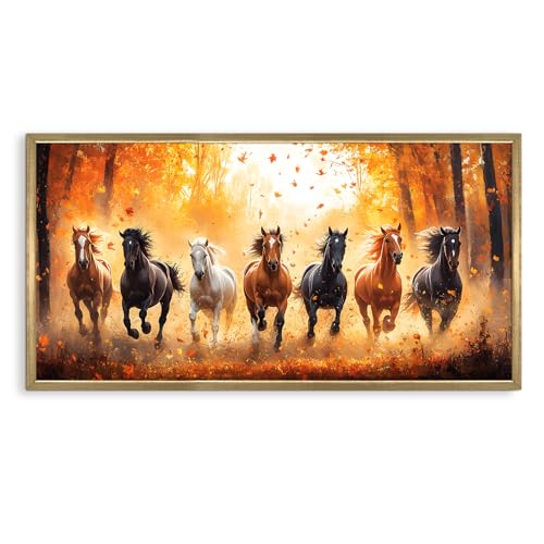 Image of PAPER PLANE DESIGN Seven Running Horses HD Canvas Print Wall Art - Premium Vastu Golden Box Frame With Acrylic - Elegant Home & Office Decor - Size: 2 x 4 Feet. (D)