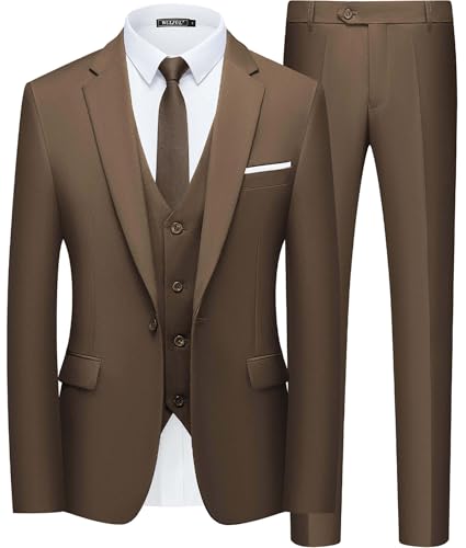 WULFUL Men’s Slim Fit Suit One Button 3-Piece Blazer Dress Business Wedding Party Jacket Vest & Pant