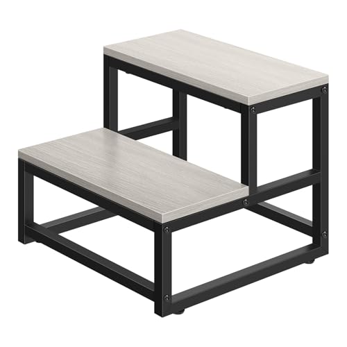 Wood and Metal 2 Step Stool for Adults & Kids – Heavy Duty Rustic Step Stools, 500 Lbs Capacity Non-Slip Stepping Stool for High Beds, Kitchen, Bathroom, Closet, Durable Foot Stool for Home Use,Grey