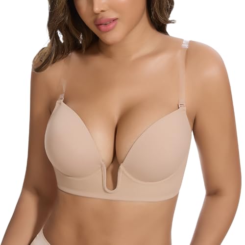 JOYSHAPER Plunge Bras for Women Backless Push Up Bras Low Cut Padded Bras Shaper Convertible with Clear Straps Dress Bra