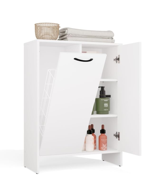 BDW Meuble de Salle de Bain Nina 1K1D avec Panier à Linge, Blanc Mat, 66x90x30 cm, 3 étagères,...