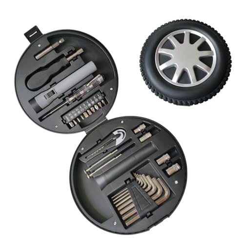 Mini kit de herramientas de 29 piezas en estuche en forma de neumático, juego de reparación compacto con puntas de destornillador, enchufes y herramientas de precisión para el hogar, mantenimiento de