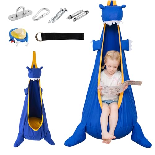 JUNGLE WELL Dino Pod Seat, Garden Hammock Tent with Air Cushion, Dinosour Style Swing Chair for Children, Easy to Install Portable Hammock Chair, for Indoor and Outdoor(Blue)