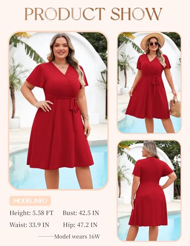 IN'VOLAND Women's Plus Size V Neck Knee Length Dress Casual Floral Dresses Summer Short Sleeve Sundress with Pockets2