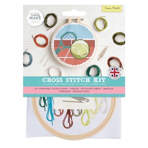 Simply MAKE Kit per punto croce, motivo partita di tennis, per bambini e adulti, cerchio, filo da ricamo, artigianato per adulti, kit per principianti