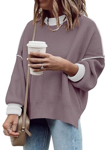 Image of Womens Oversized Sweaters Fall 2026 Fashion Clothes Colorblock Knit Tops | ETCYY Striped Sweaters For Women Trendy,Batwing Sleeve Oversized Sweater Pullover Tops,Cute,Spring Winter Fall Outfits