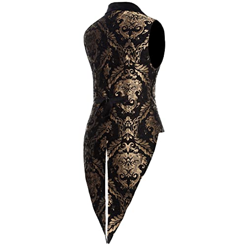 Phoace Mens Gothic Steampunk Retro Jacquard Brocade Vest Waistcoat Sleeveless Tailcoat(Black-Gold,Small) #TOP2