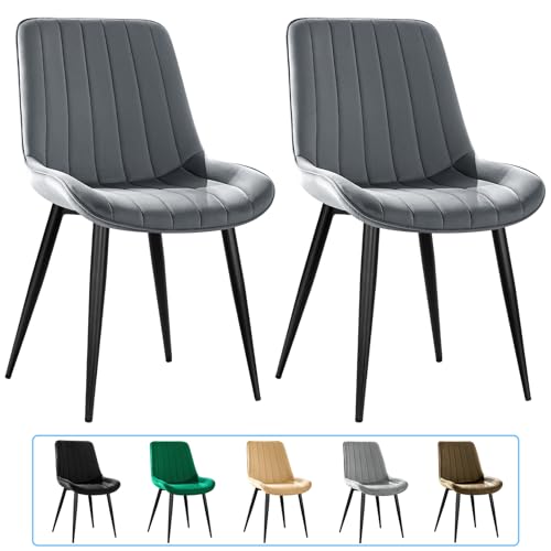 JIJIAN Pack de 2 Sillas de Comedor, Sillas de Cocina, Silla Tapizada, Silla de Salón, Silla de Diseño con Respaldo, Asiento de Terciopelo con Patas de Metal Negro, Gris Oscuro