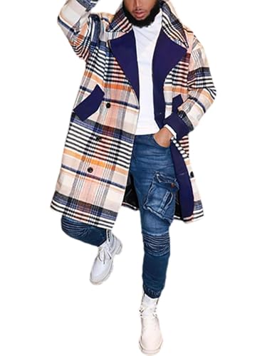 COROFY White Plaid Trench Coat for Men Fall Winter Vintage Plaid Notch Lapel Pea Coats Fall Fashion Slim Fit Overcoat for Men Single Breasted Plaid Mid Long Peacoat Pea Coats M