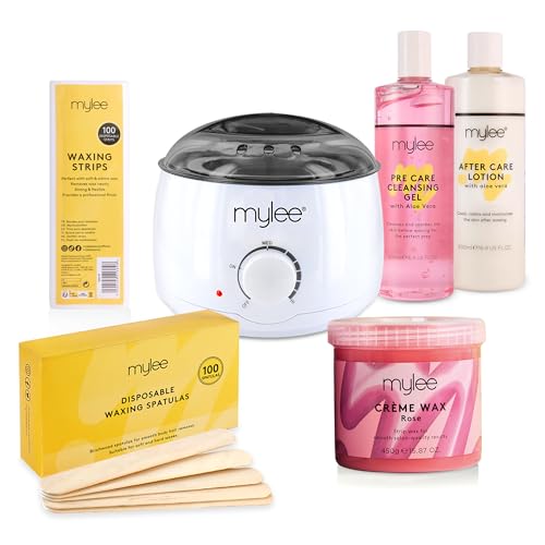 Mylee Kit Completo per Ceretta, con Scaldacera, Strisce depilatorie, Spatole e Lozione Pre e Post Depilazione (Kit con Cera alla Rosa)