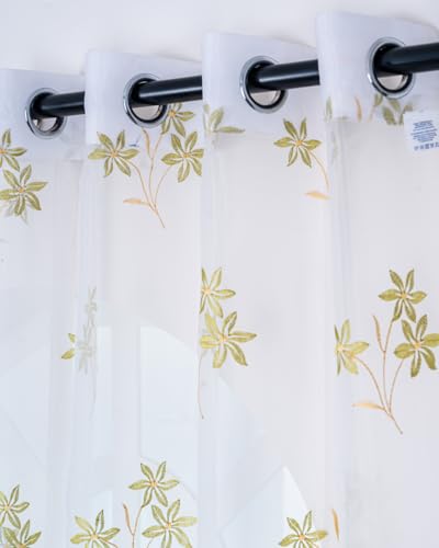 Image of 5 Ft Golden & Green Floral Sheer Tissue Curtain with Embroidery, Grommet Top, 152 L x 121 W cm, For Home, Bedroom, Bathroom