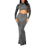CUTUBLY Women Rhinestone Sexy Dress Two Piece Set Long Sleeve Mock Neck Dresses Clubwear Birthday Party Club Night Outfits(H2856,Black,L)