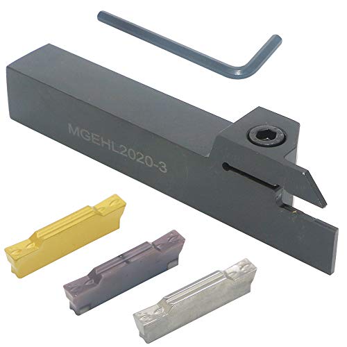 CNC Lathe Grooving Tool Holder MGEHL2020-3(0.787 Inch), with Three MGMN300 Cemented Carbide Blades. Yellow Processed Steel, Fuchsia Processed Stainless Steel, Silver Processed Aluminum Alloy. (3mm)
