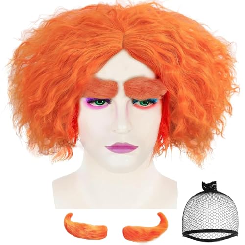 ANOGOL Short Orange Curly Wig Men Orange Clown Cosplay Wig Middle Part Hair