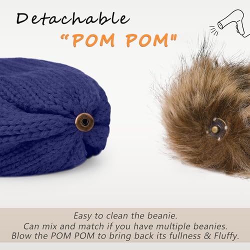 Gorro de punto para mujer con pompón de piel sintética miniatura 3