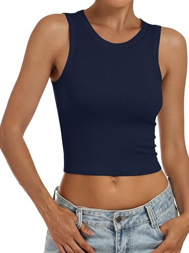 Image of ANRABESS Womens Crop Tank Tops High Neck Sleeveless Ribbed Knit Slim Fit Shirts 2026 Summer Casual Basic Workout Clothes