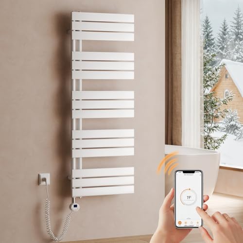 S'AFIELINA Scaldasalviette elettrico bagno WiFi 1320×500 mm (A×L), termoarredo elettrico bagno con termostato, programmabile e display LCD, 400 W, scaldasalviette a basso consumo, bianco